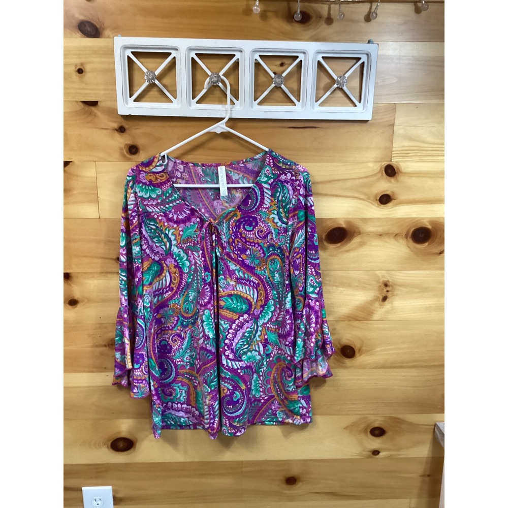 Dear Scarlett Women Paisley Bell Sleeve V-Neck Blouse Purple Green Large T2699